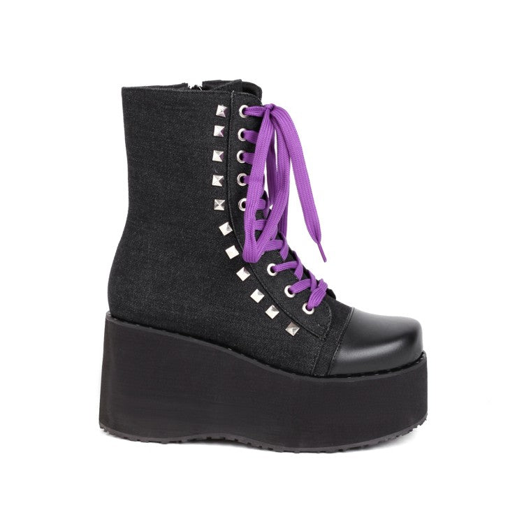 Women's Square Toe Bicolor Lace Up Wedge Heel Platform Short Boots