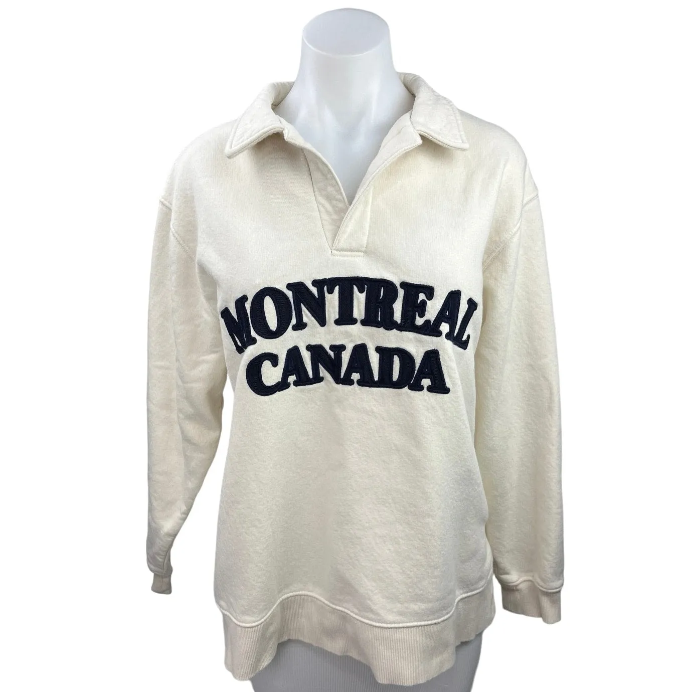 Zara Cream Montreal Canada Fleece Polo Pullover Sweater Sweatshirt Top Size M